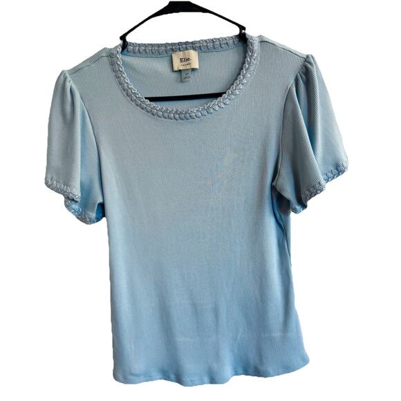 Elie Tahari Top Powder Blue Sz Sm Flutter Sleeve Crochet Trim Rib Knit Coquette - Picture 1 of 5
